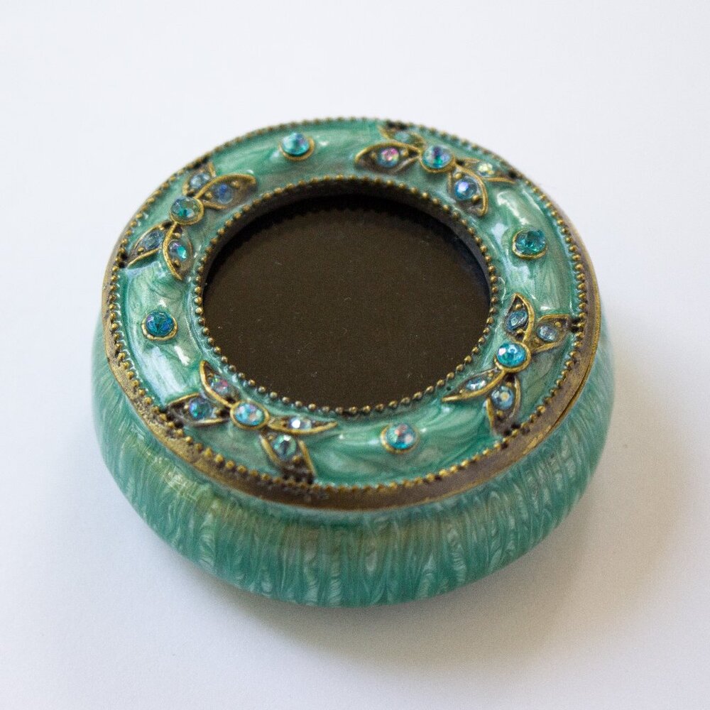 Tiny Trinket Box, small 2" brass and enamel teal jeweled picture box, locket tin